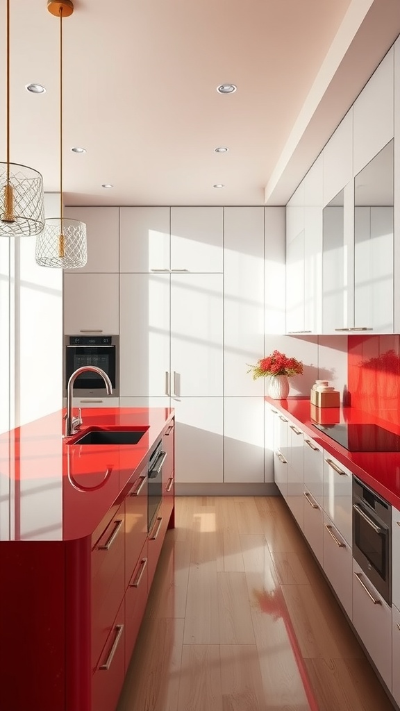 Modern kitchen with luxurious red countertops and white cabinets