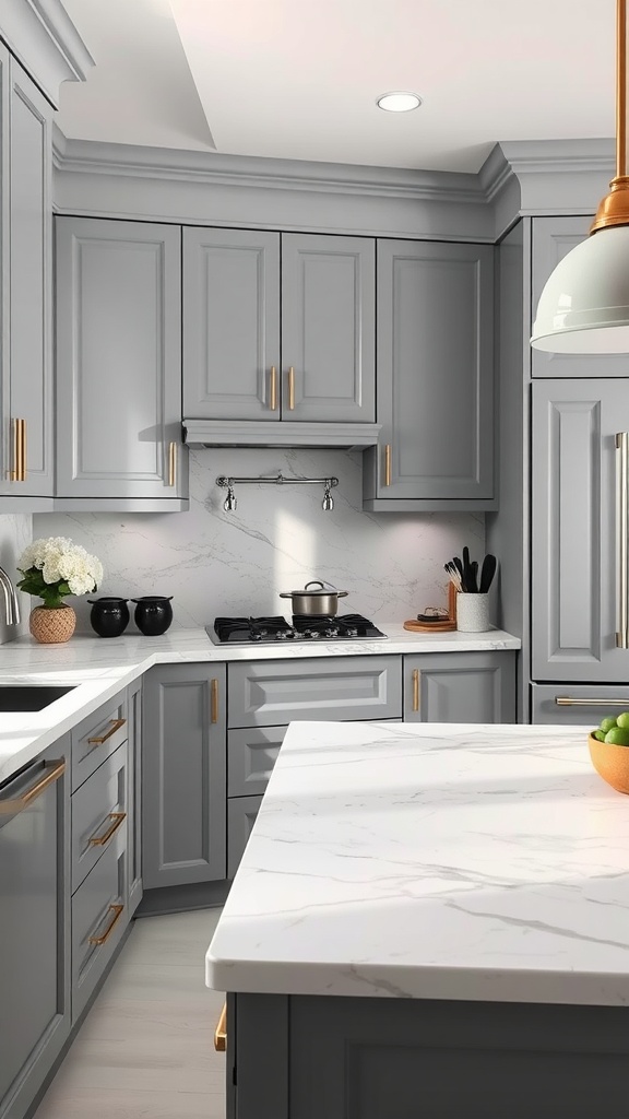 Luxurious gray kitchen cabinets with marble accents and gold hardware.