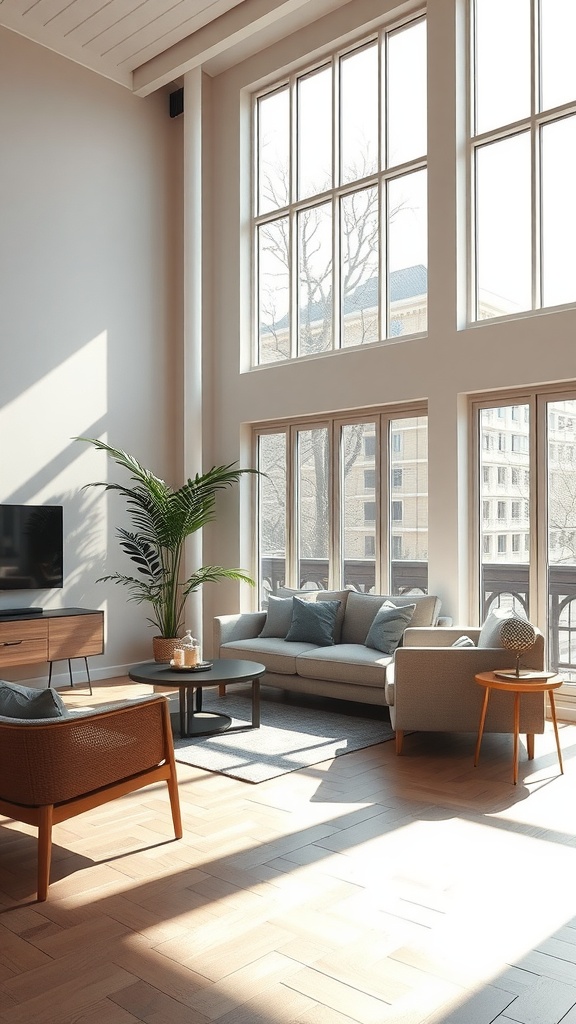 Bright living room with large windows, light-colored furniture, and plants