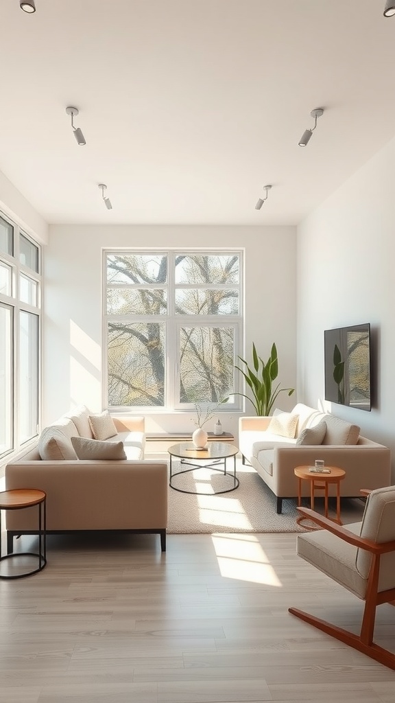 A minimalist living room with beige furniture, large windows, and a cozy arrangement.