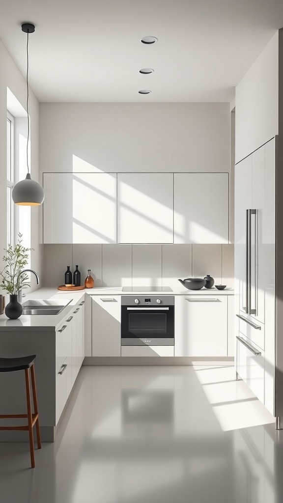 A minimalist kitchen with white cabinets and sleek appliances, showcasing natural light and a simple design.