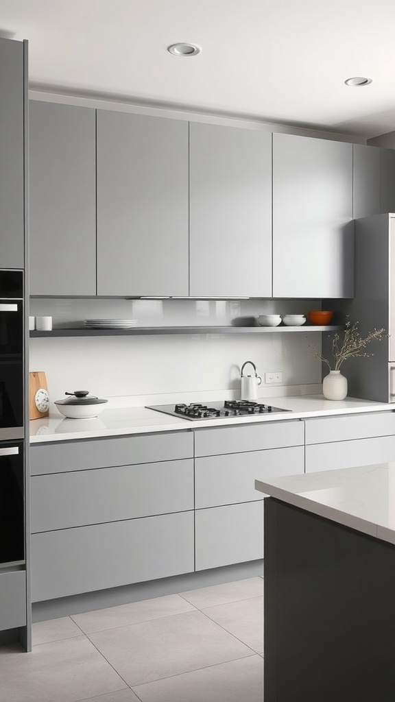 A minimalist gray kitchen featuring sleek cabinets, under-cabinet lighting, and a modern aesthetic.