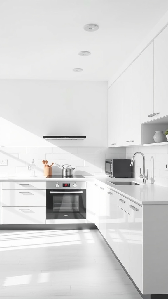 A modern minimalist kitchen with white walls, sleek cabinets, and stainless steel appliances.