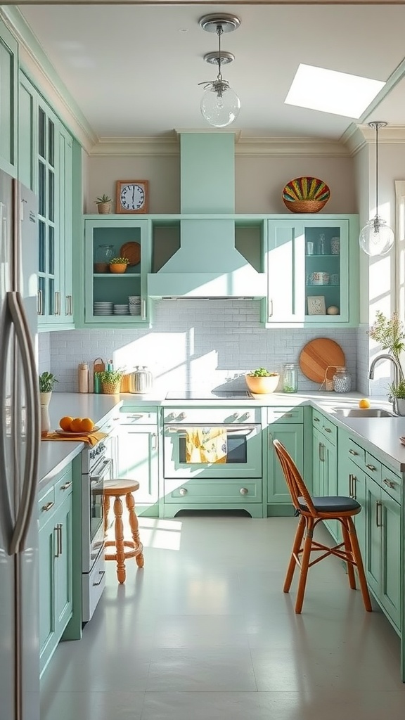 A fresh mint green kitchen with natural light and wooden accents.