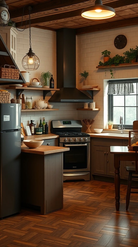 A rustic farmhouse kitchen showcasing a mix of modern appliances and vintage wooden accents.