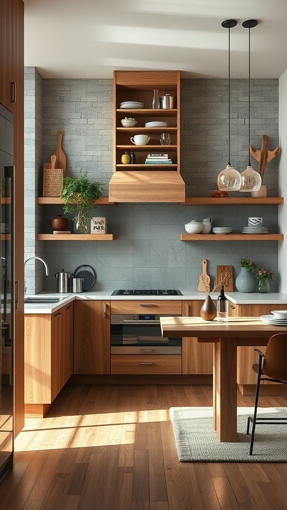 A neutral kitchen featuring wood cabinets, stone walls, and decorative items