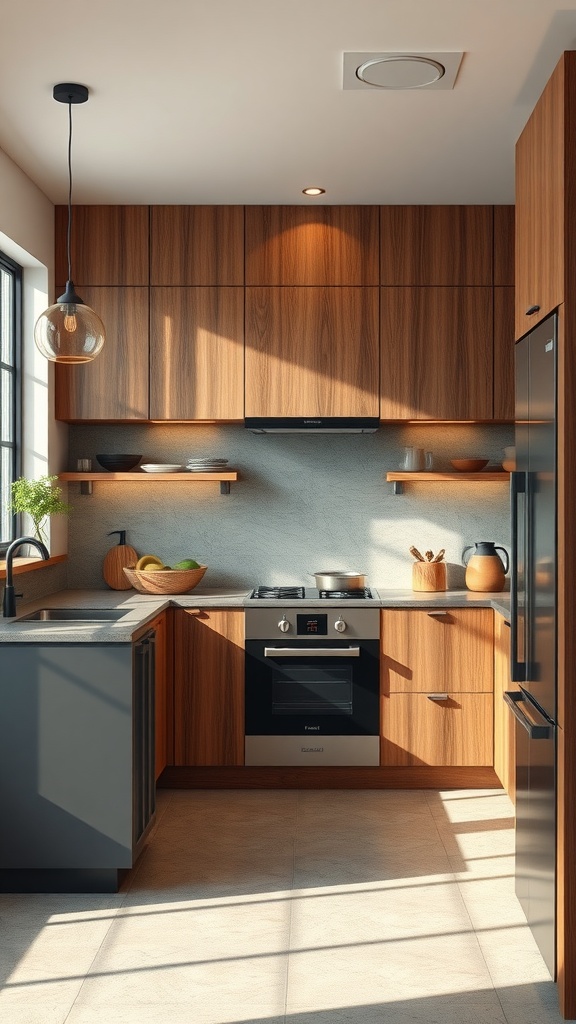 A modern kitchen featuring a mix of wood cabinetry, dark countertops, and textured walls.