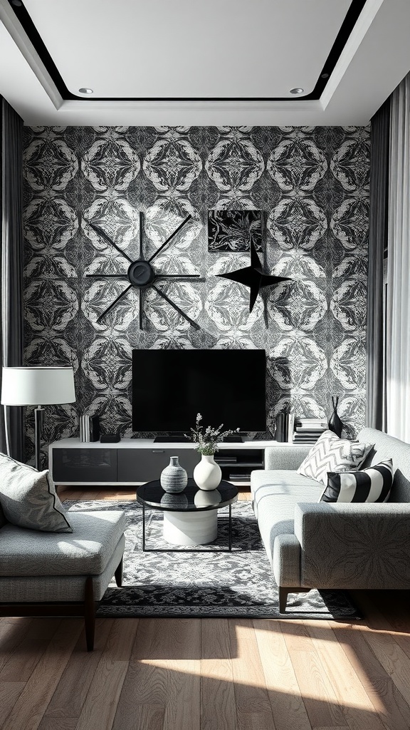 A modern black and white living room featuring patterned wallpaper, gray sofas, and a stylish coffee table.