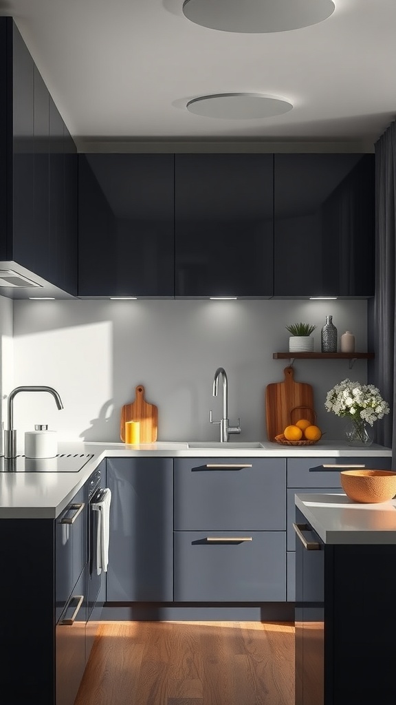 A modern kitchen featuring dark gray glossy cabinets, matte countertops, and wooden accents.