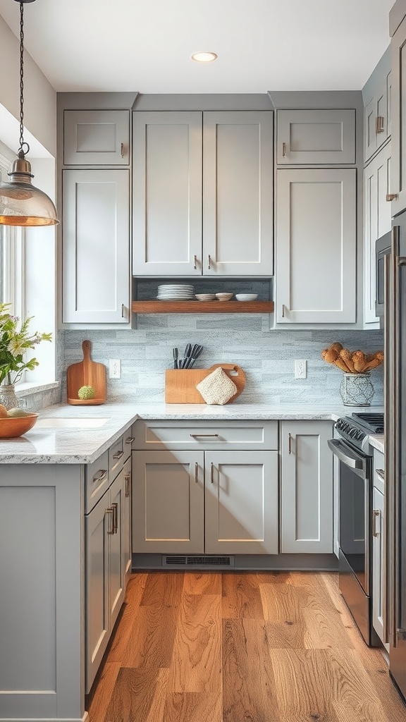 Light gray kitchen cabinets with wooden countertop and open shelves displaying kitchenware.