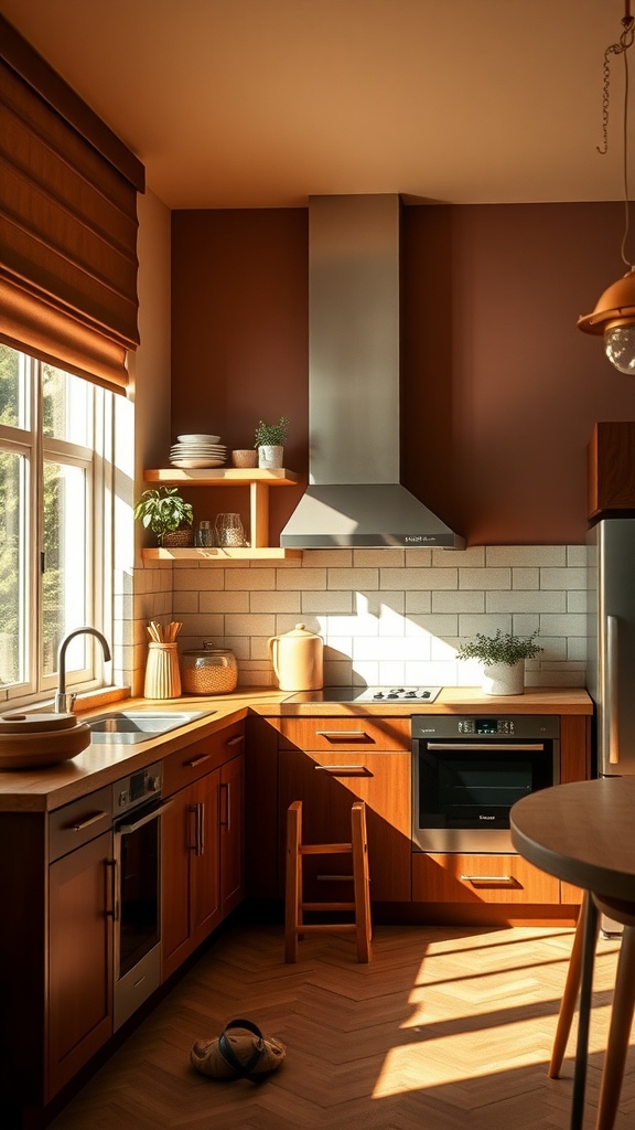 A beautifully designed kitchen featuring mocha-infused wall colors with wooden cabinetry and large windows