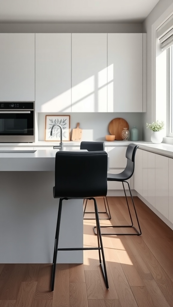 Modern kitchen featuring black barstools with light cabinetry and wooden flooring.