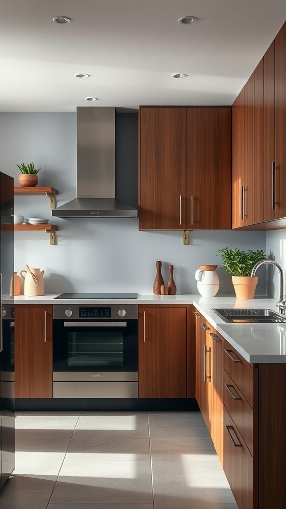 A modern brown kitchen with sleek appliances and wooden cabinetry.