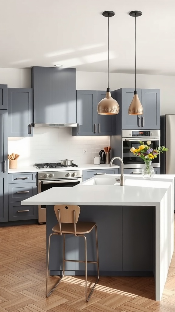 Modern kitchen with gray cabinets and white countertops, featuring wooden flooring and stylish pendant lights.