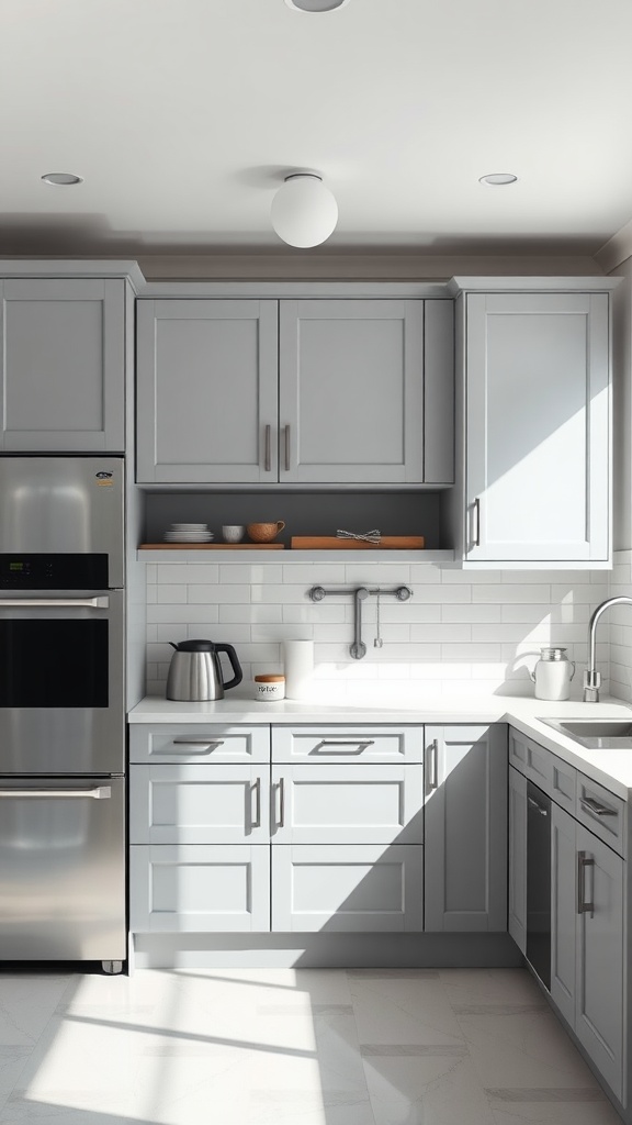 A modern kitchen featuring light gray cabinets, stainless steel appliances, and a bright atmosphere.