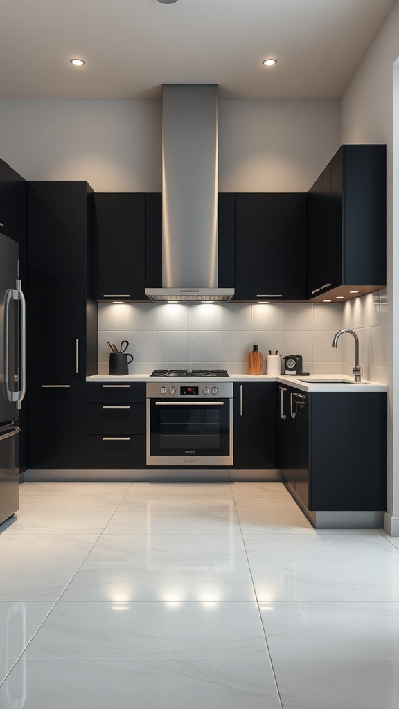 Modern minimalist kitchen with black cabinets and stainless steel appliances.