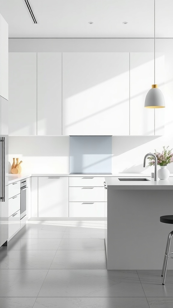 A modern minimalist kitchen with white cabinets, a light blue backsplash, and bright lighting.