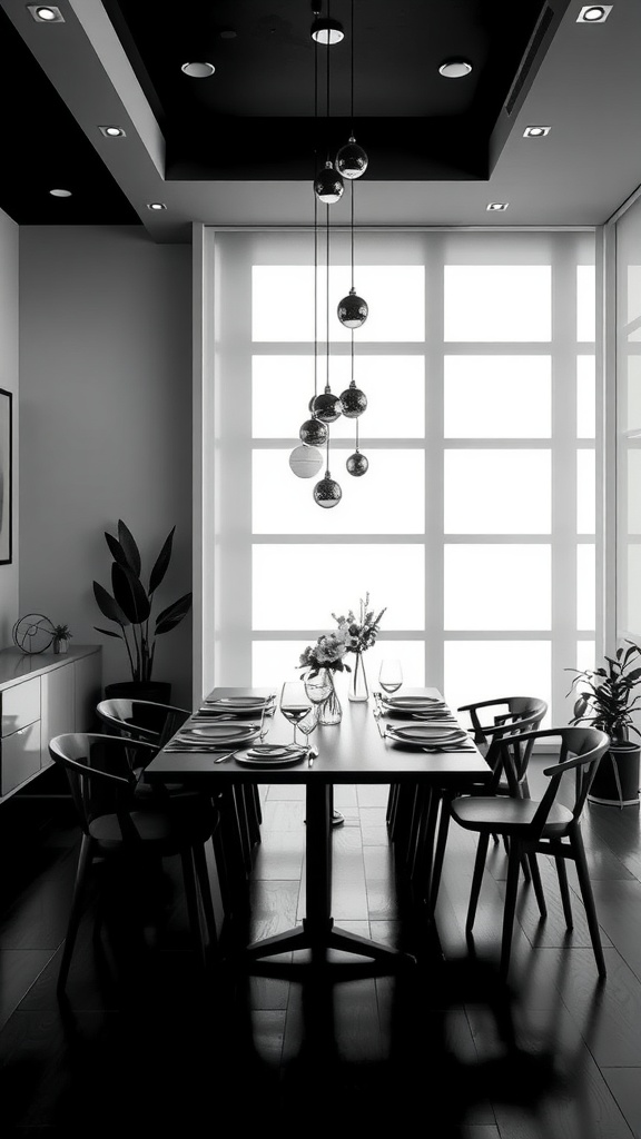 Modern minimalist dining area with a sleek table, chairs, and elegant pendant lighting