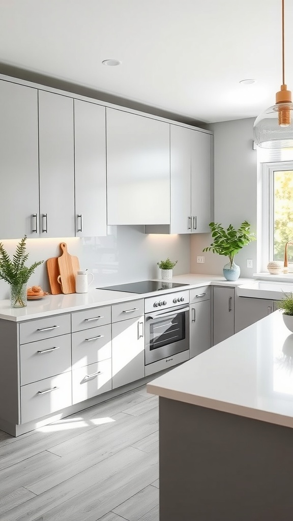 Modern kitchen with light gray cabinets, stainless steel appliances, and a bright atmosphere