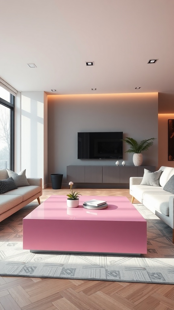 Modern living room featuring a glossy pink coffee table with light sofas and natural wood flooring.