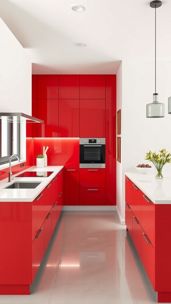 A modern kitchen with red and white cabinetry, featuring sleek lines and minimalistic décor.