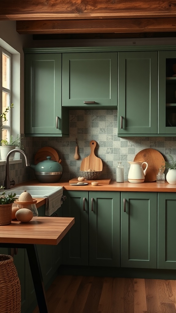 A kitchen featuring moss green cabinets with wooden countertops and earthy accessories.