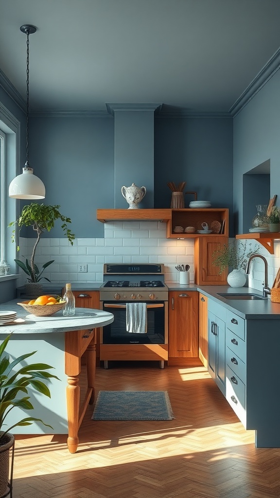 A cozy kitchen featuring muted blue paint on the walls and warm wooden accents