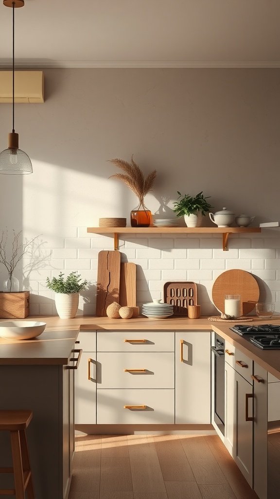 A modern kitchen featuring muted earth tones with wooden accents and plants.