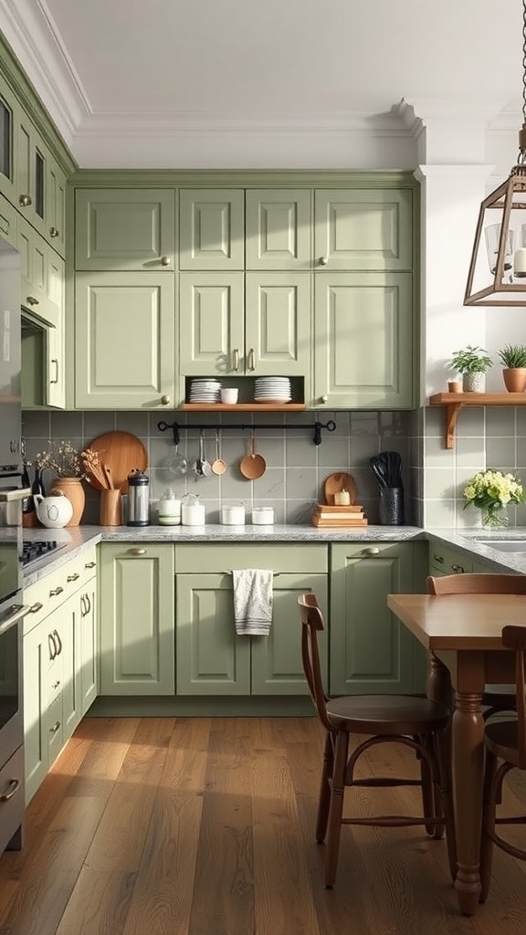 A kitchen with muted green cabinets, wooden floor, and a warm, inviting atmosphere.