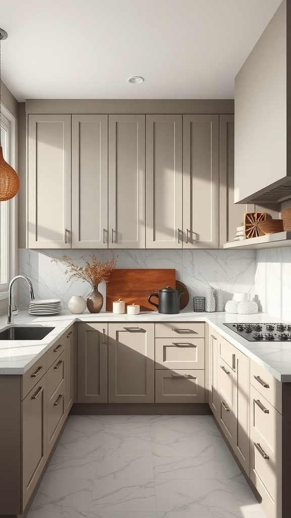 Kitchen featuring muted taupe cabinets, marble countertops, and natural lighting