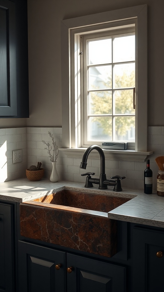 A cozy kitchen featuring a natural brown stone sink, dark cabinetry, and a bright window.