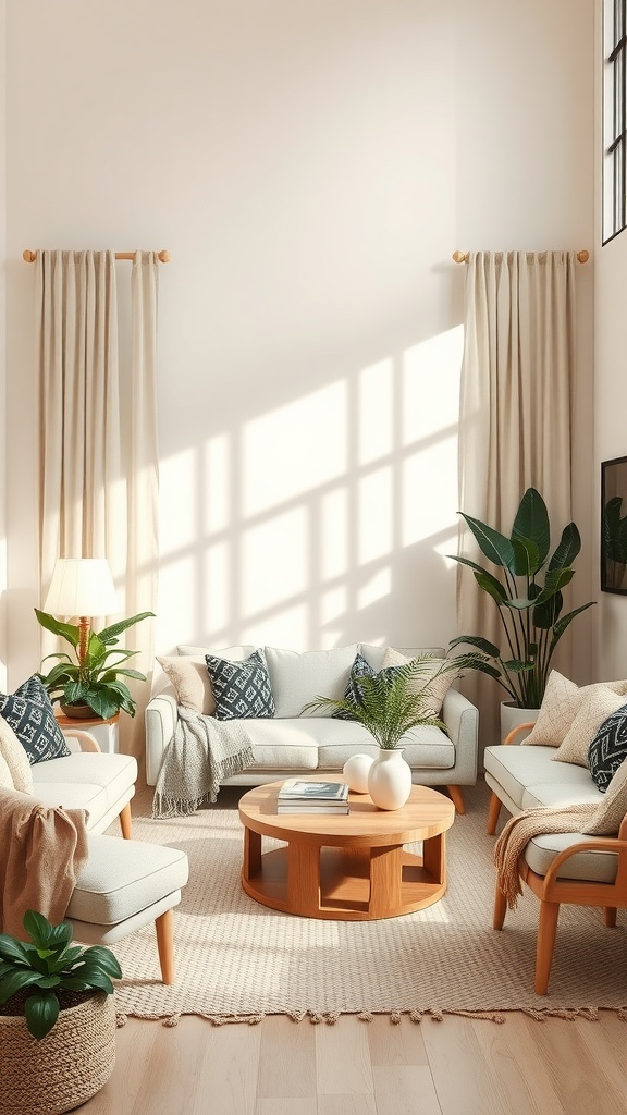 A beige living room featuring large plants, a light-colored sofa, wooden furniture, and a natural fiber rug.