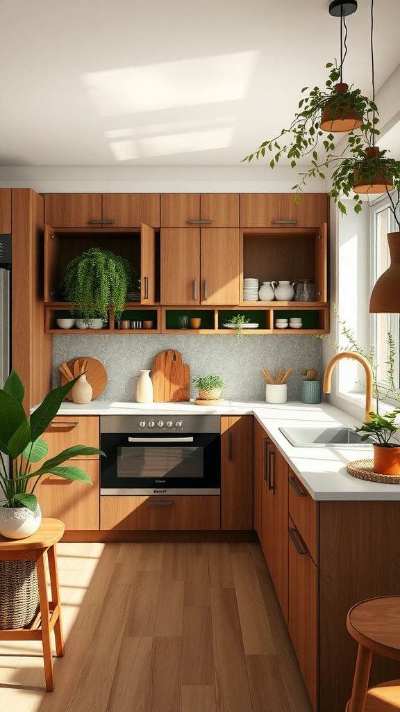 A cozy brown kitchen with wooden cabinets, plants, and natural light.