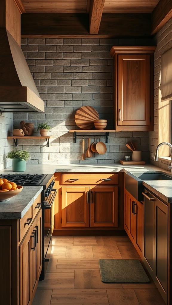 A rustic farmhouse kitchen with warm wood cabinets and natural stone countertops.