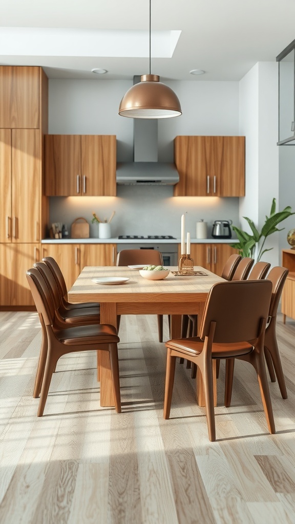 A cozy kitchen featuring a natural wood dining table surrounded by brown chairs.