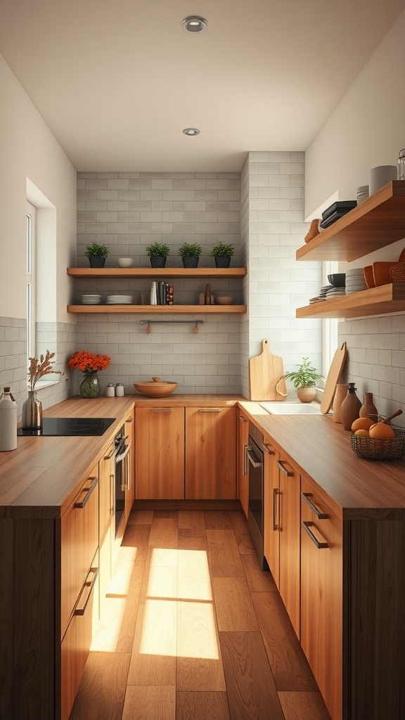 A bright kitchen featuring natural wood cabinets and countertop, open shelves with plants, and a cozy atmosphere.