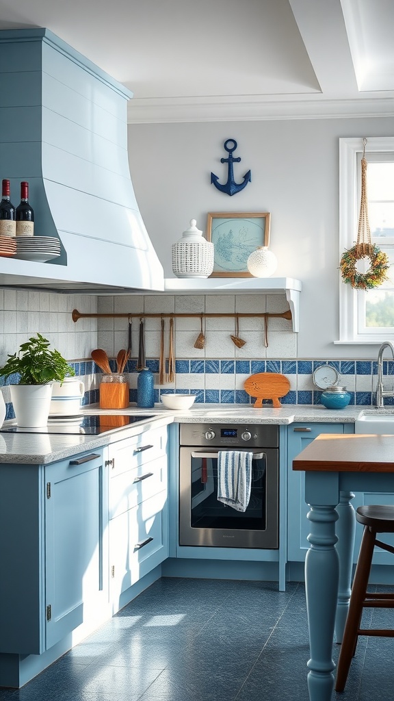 A bright blue kitchen with nautical-inspired accents, featuring blue cabinetry, wood accents, and wall decor.