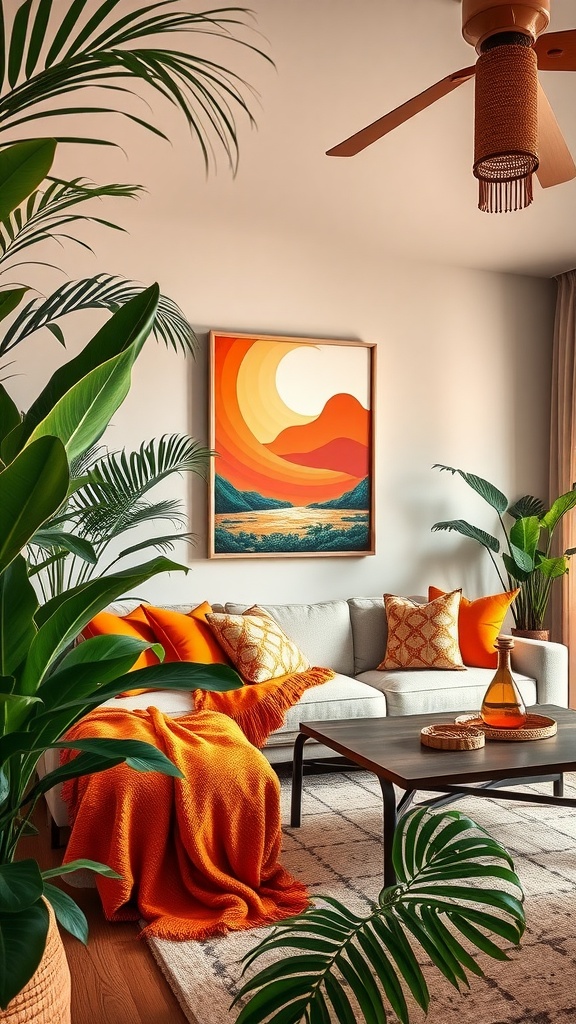 A vibrant nautical-themed living room with orange accents featuring a blue wall, comfortable sofa with orange and striped pillows, and a warm wooden coffee table.