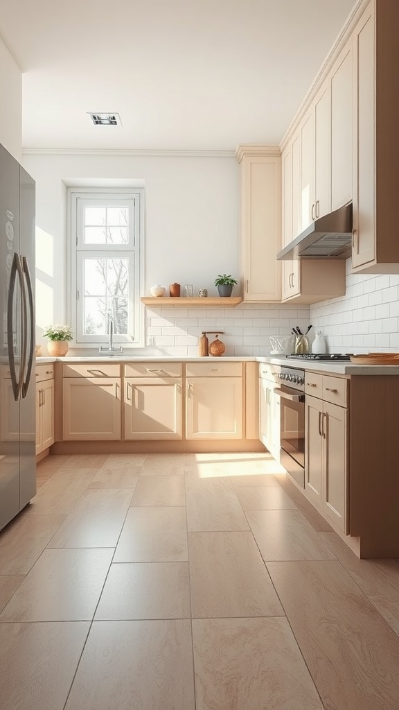 A modern kitchen with neutral color floor tiles, light wood cabinetry, and bright sunlight.