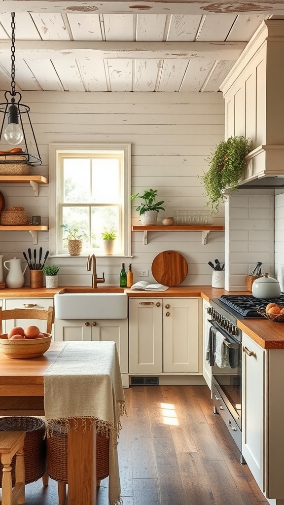 A rustic farmhouse kitchen featuring a neutral color palette with wooden beams and a bright atmosphere.