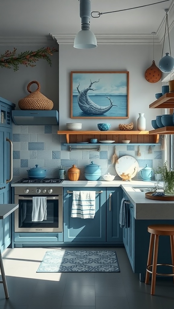 A blue kitchen featuring ocean-inspired decor and textiles.