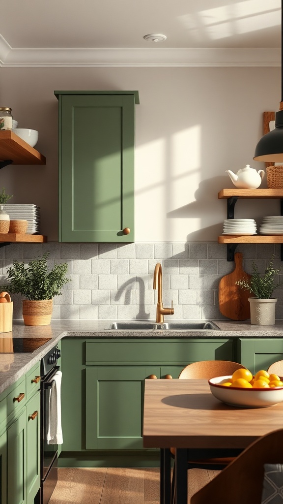 A cozy kitchen featuring olive green cabinets and rustic wood elements, illuminated by natural light.