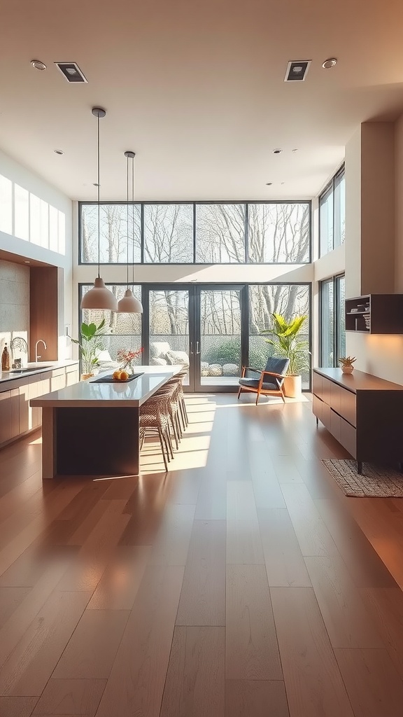 Modern kitchen with large windows, an island, and plants.