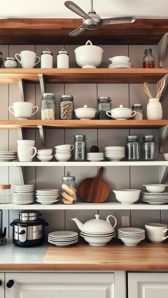 Rustic farmhouse kitchen with open wooden shelves displaying various dishware and plants.