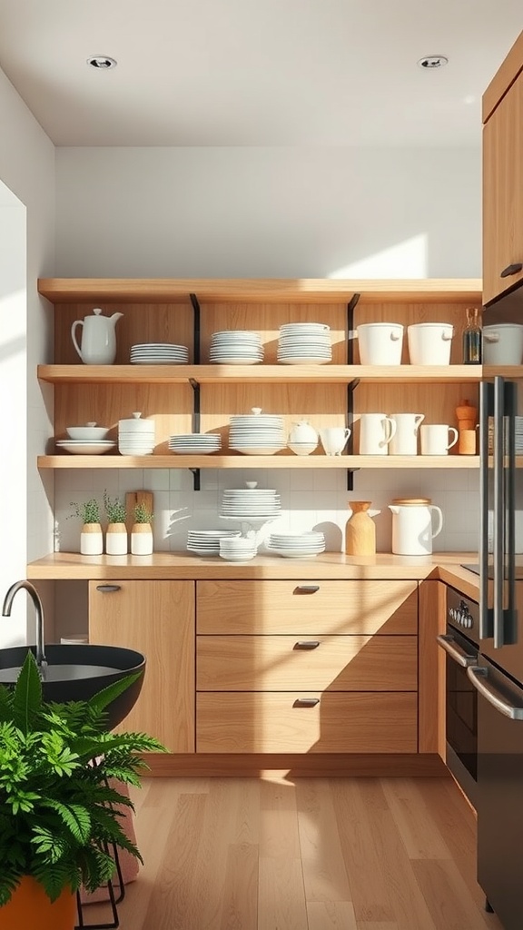 A bright kitchen with open wooden shelving, featuring neatly arranged white dishes and a potted plant.