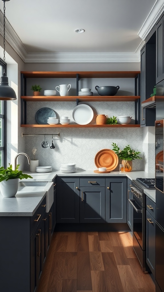 A modern kitchen with dark gray cabinets and open shelving displaying various dishware and decor.