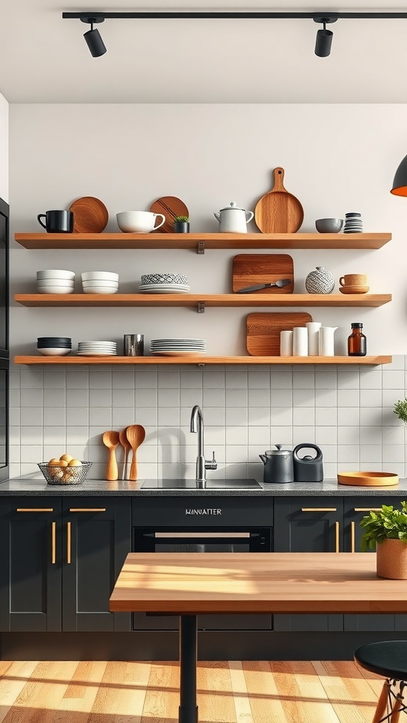 A modern kitchen with black cabinets and open wooden shelving displaying dishware.