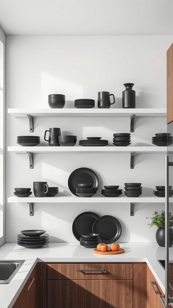 Open shelving in a kitchen displaying black dishware against a white wall