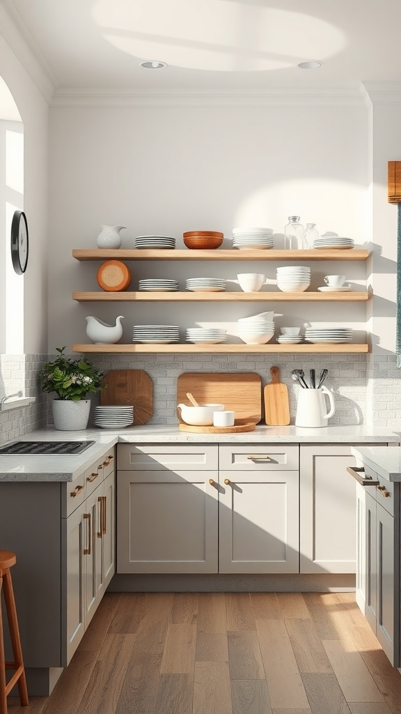 A modern kitchen featuring light gray cabinets and open wooden shelves displaying white dishware.