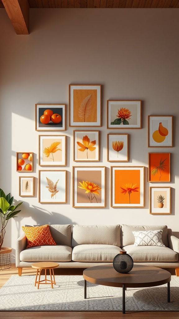 A cozy living room featuring an orange-themed gallery wall with various framed artworks, a light-colored sofa, and decorative elements.